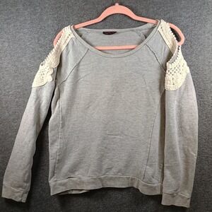 Electric Pink Sweater Womens M Gray Fringe Open Shoulder Lightweight Long Sleeve